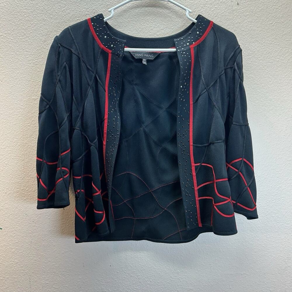 Ming Wang Jacquard Knit‎ Jacket Cardigan Size XS Mandarin Collar Boxy Structured